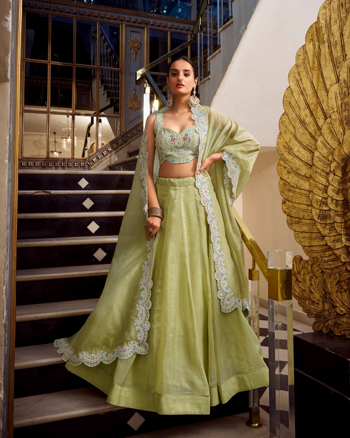 Pista Color Gold Crush Lehenga Choli