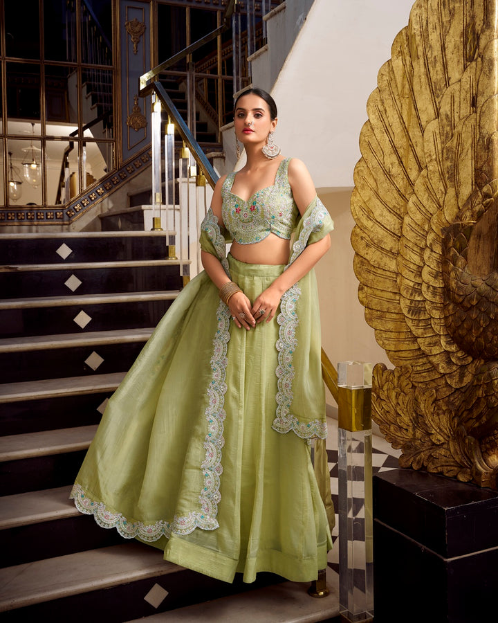 Pista Color Gold Crush Lehenga Choli