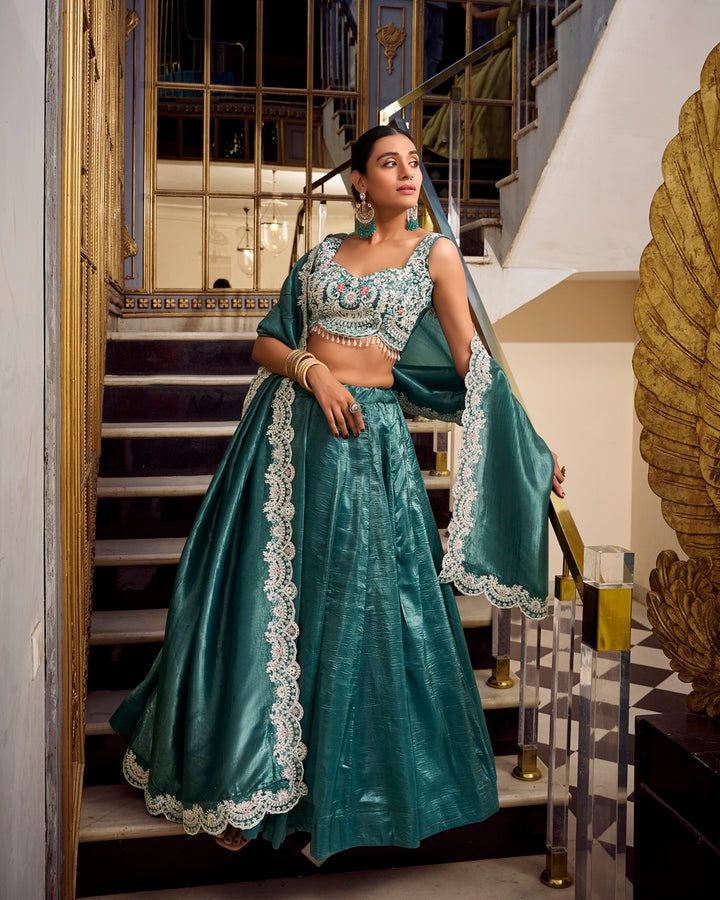 Teal Green Color Gold Crush Lehenga Choli