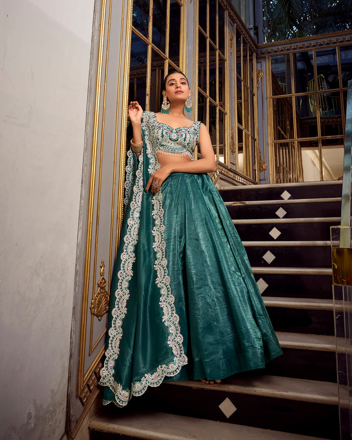 Teal Green Color Gold Crush Lehenga Choli
