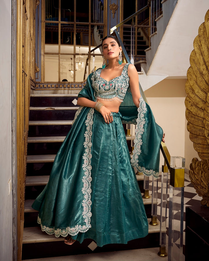 Teal Green Color Gold Crush Lehenga Choli