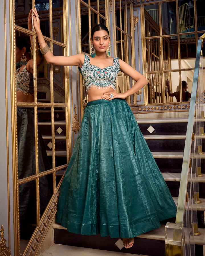 Teal Green Color Gold Crush Lehenga Choli