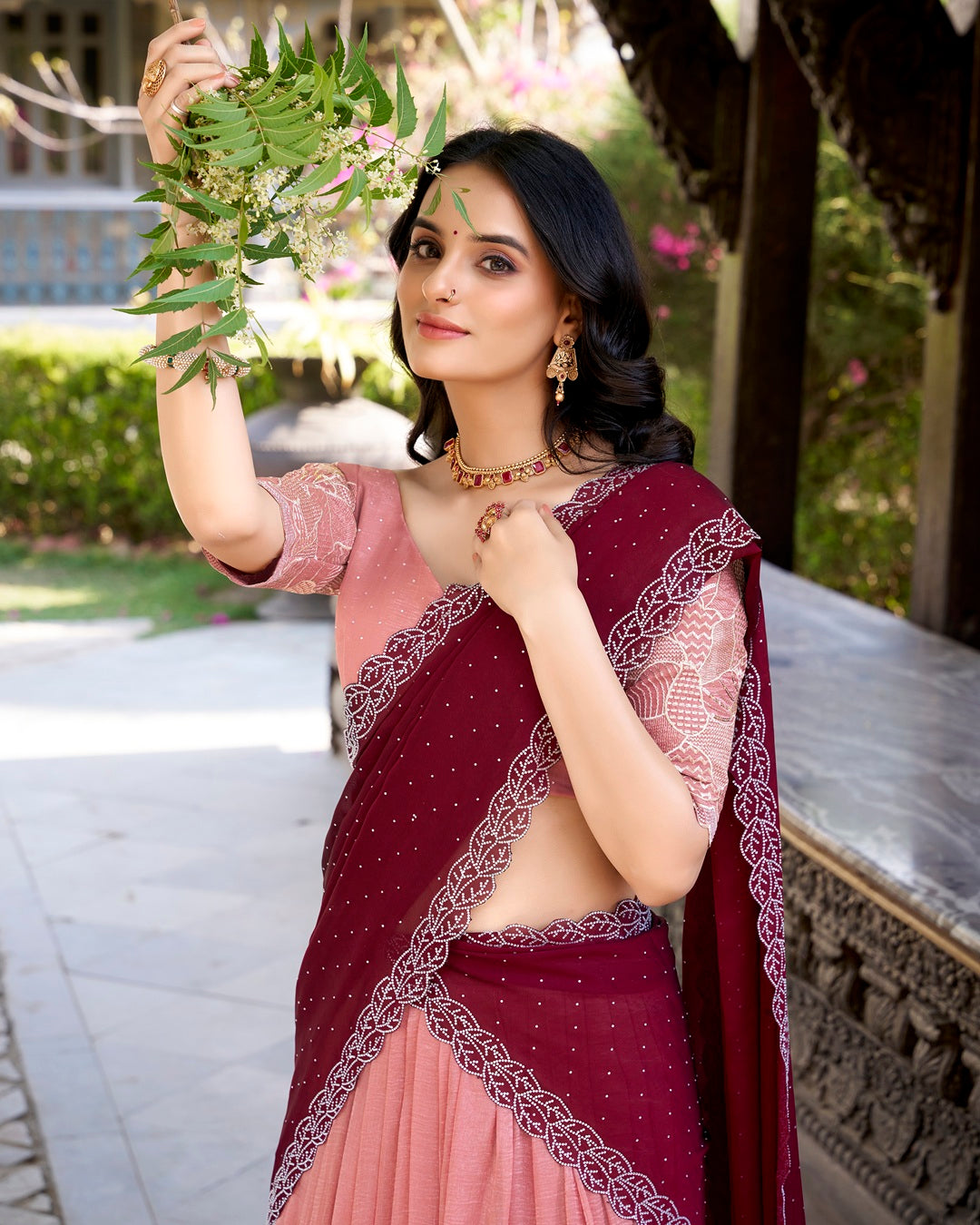 Peach Color Silver Glossy Embroidered Lehenga Choli