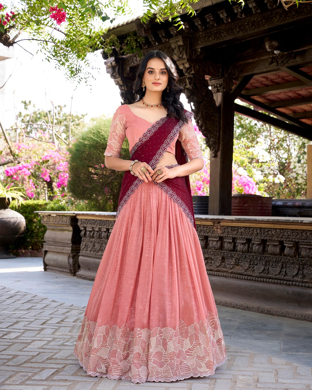 Peach Color Silver Glossy Embroidered Lehenga Choli