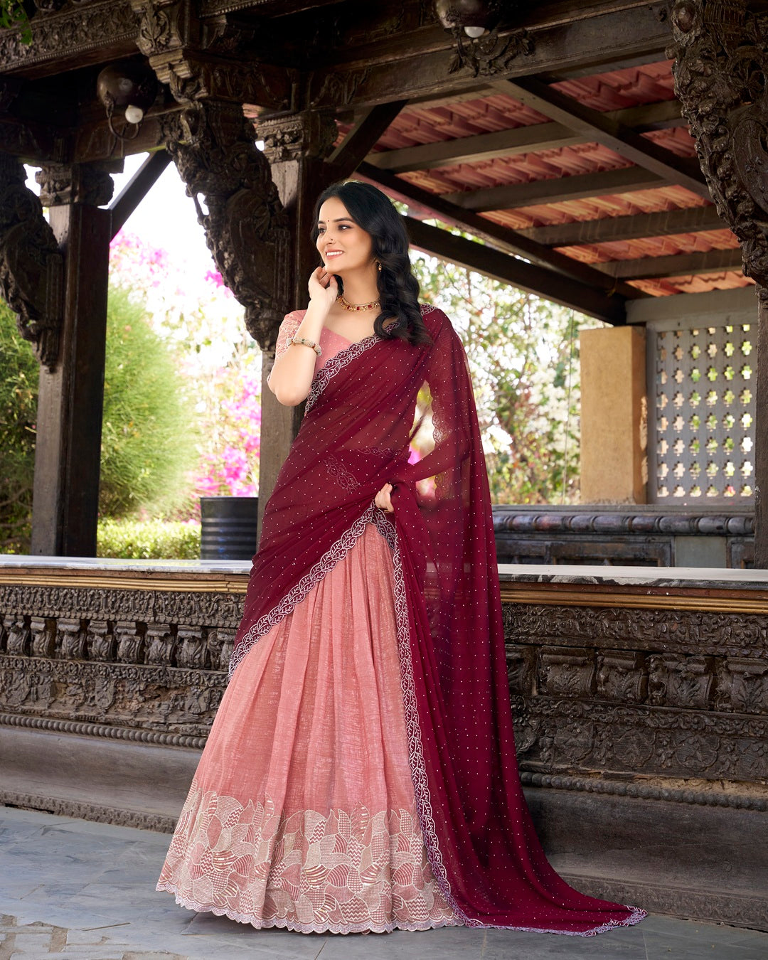 Peach Color Silver Glossy Embroidered Lehenga Choli