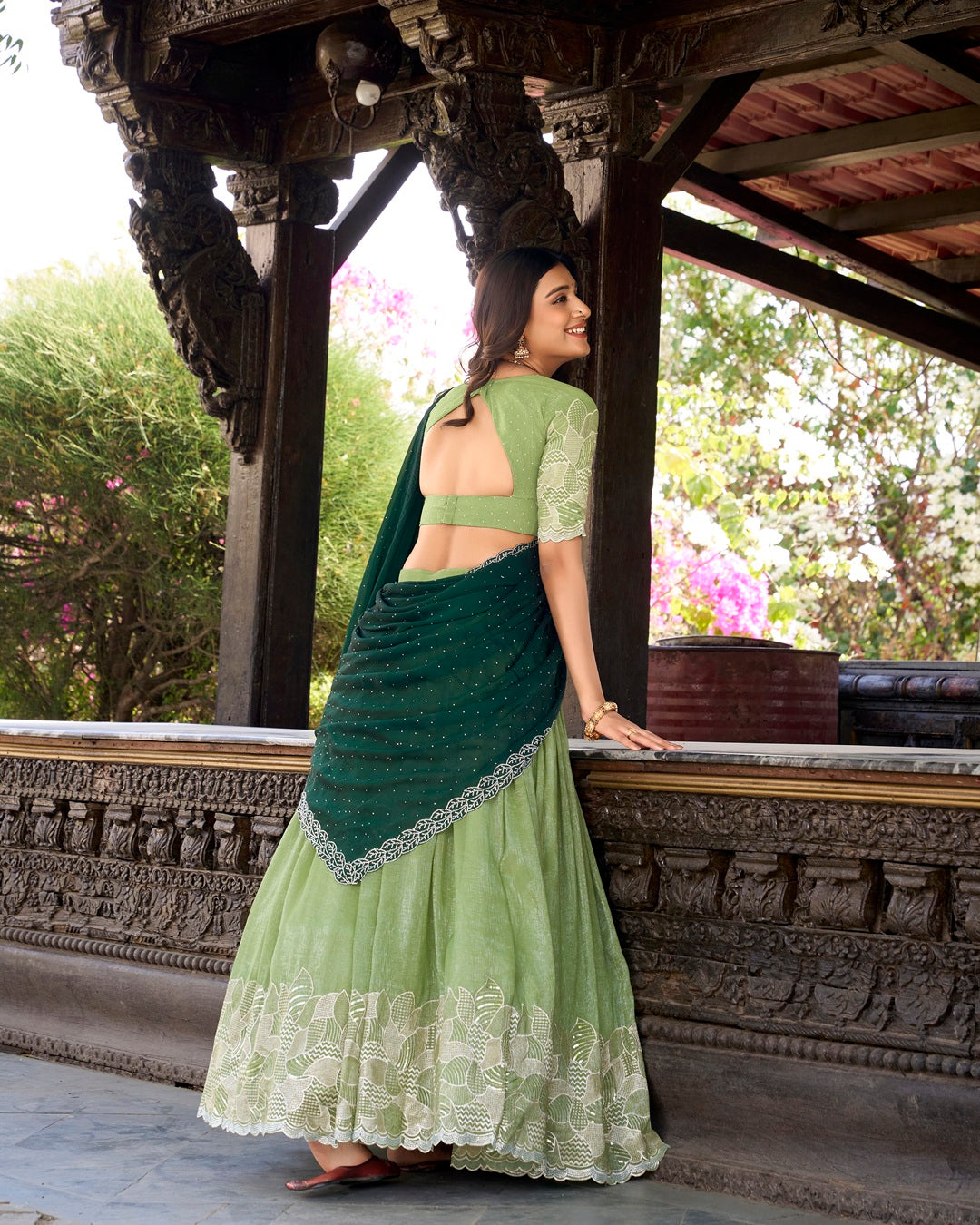 Pista Color Silver Glossy Embroidered Lehenga Choli