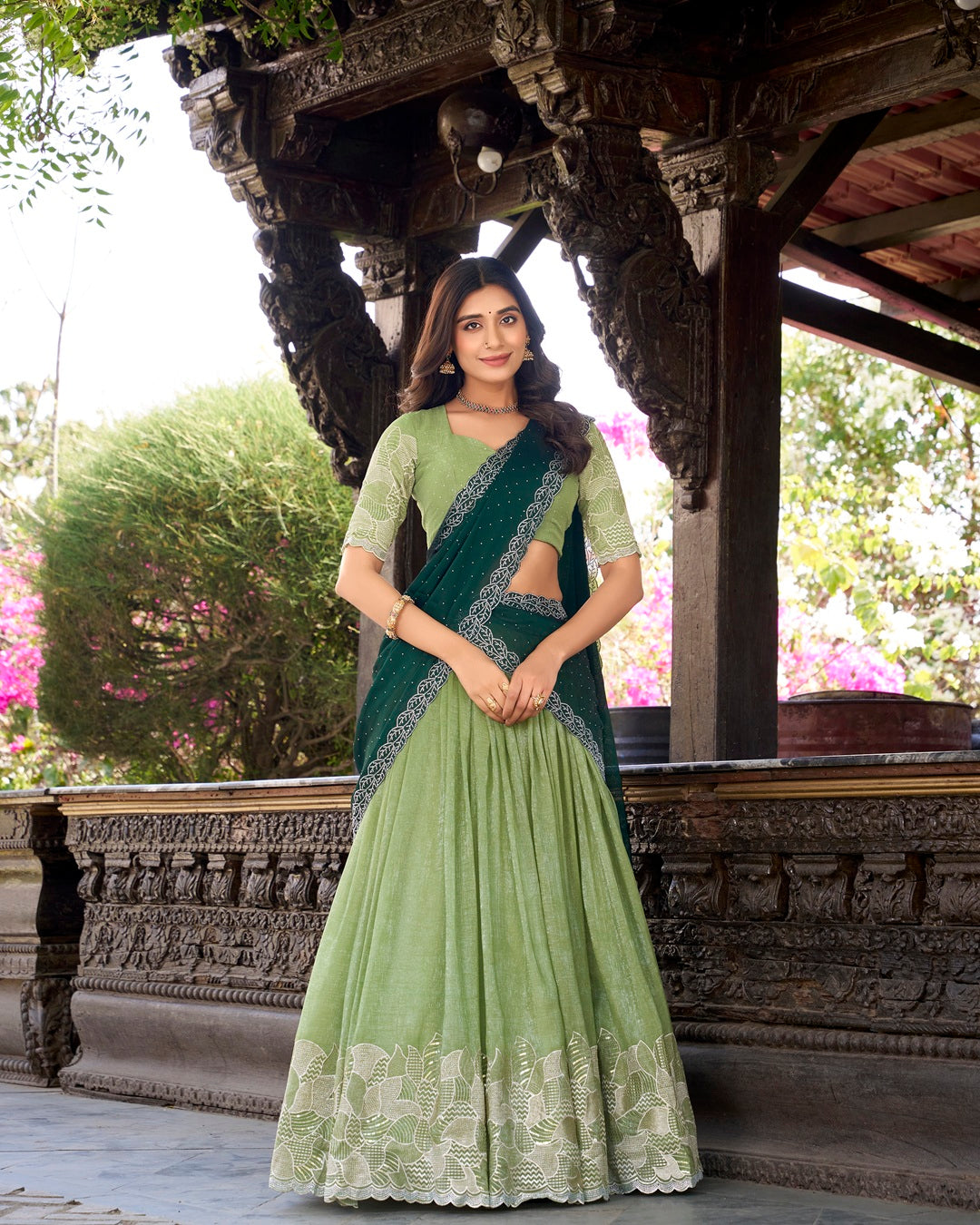 Pista Color Silver Glossy Embroidered Lehenga Choli
