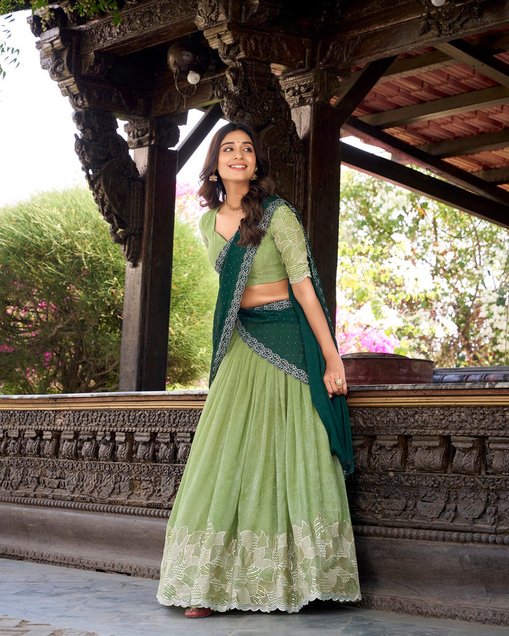Pista Color Silver Glossy Embroidered Lehenga Choli