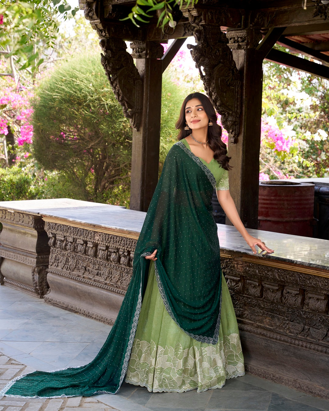 Pista Color Silver Glossy Embroidered Lehenga Choli