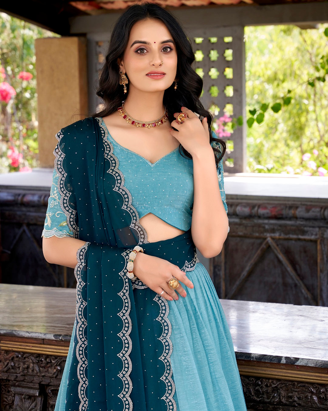 Sky Blue Color Silver Glossy Embroidered Lehenga Choli