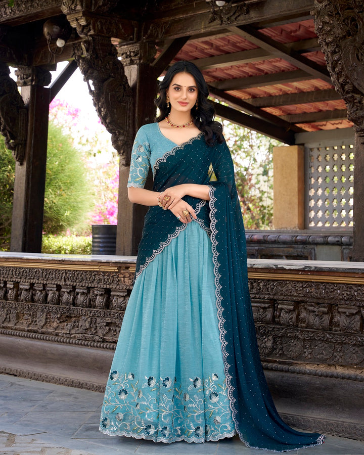 Sky Blue Color Silver Glossy Embroidered Lehenga Choli