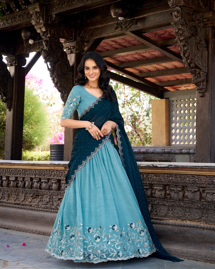 Sky Blue Color Silver Glossy Embroidered Lehenga Choli