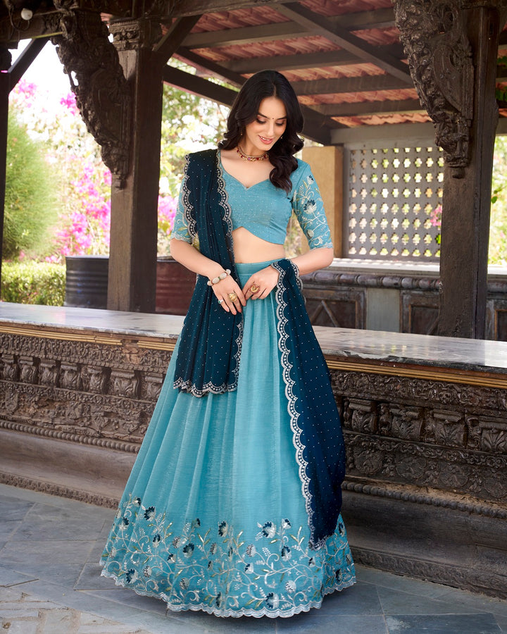Sky Blue Color Silver Glossy Embroidered Lehenga Choli