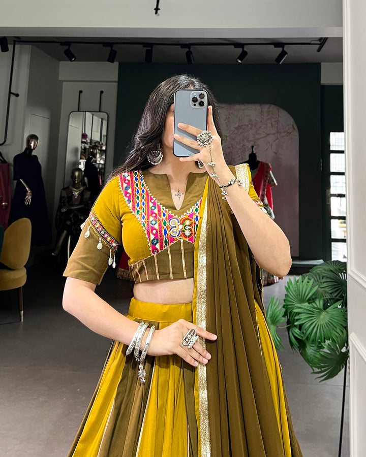 Rayon Garba Chaniya Choli in Mehndi with Sequin and Gota Border