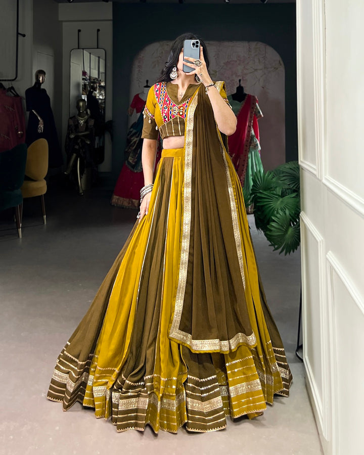 Rayon Garba Chaniya Choli in Mehndi with Sequin and Gota Border