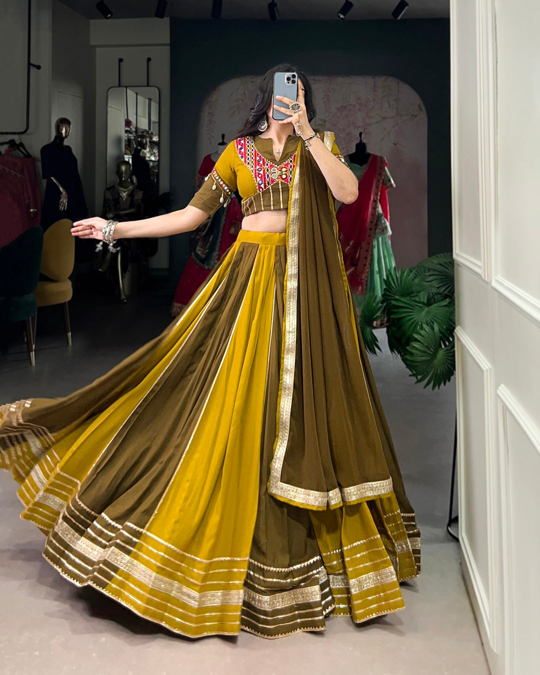 Rayon Garba Chaniya Choli in Mehndi with Sequin and Gota Border