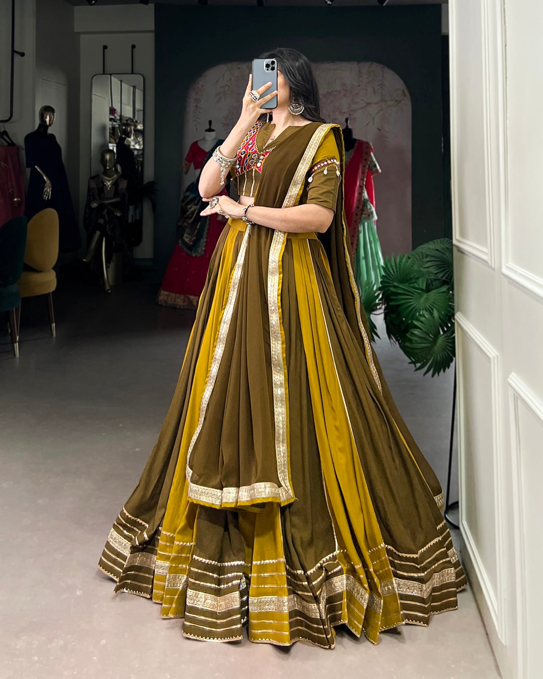 Rayon Garba Chaniya Choli in Mehndi with Sequin and Gota Border