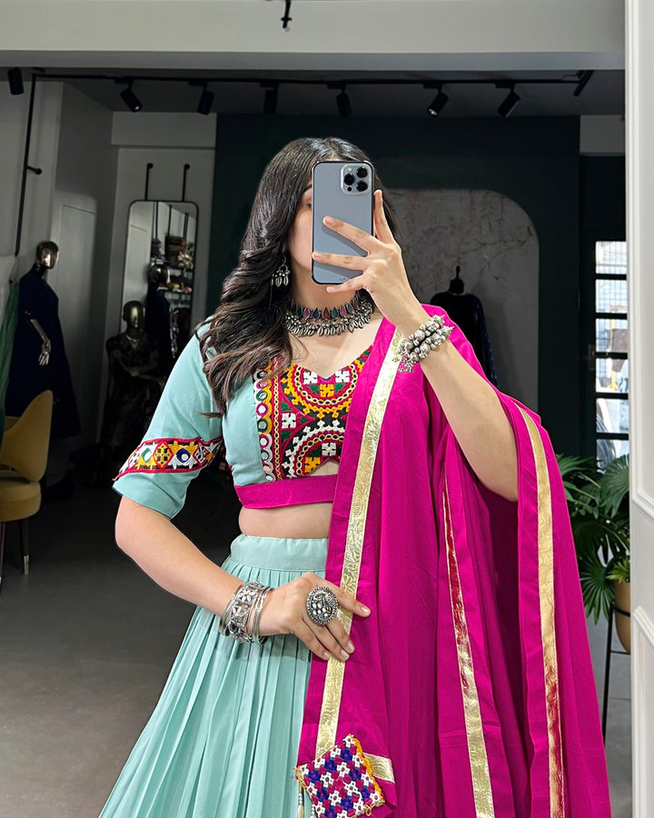 Sea Green Color Rayon Navratri Lehenga Choli
