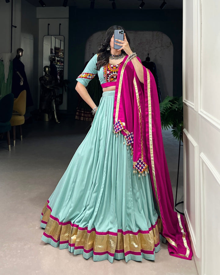 Sea Green Color Rayon Navratri Lehenga Choli
