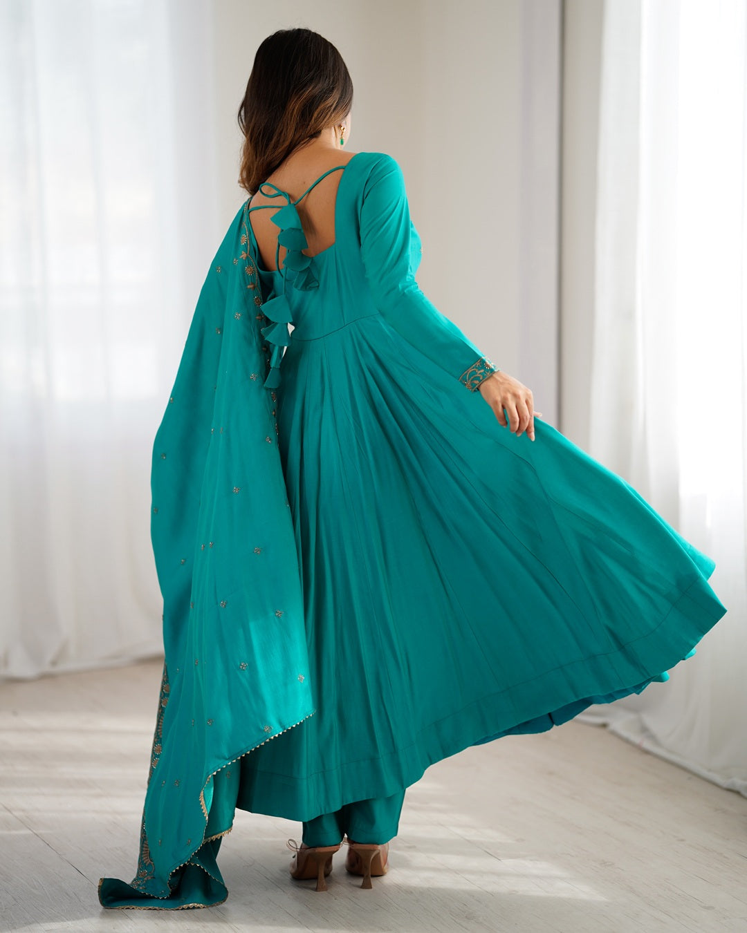 Rama High Premium Pure Roman Chanderi Silk Fully Flared Anarkali Set with Dupatta – Ready to Wear