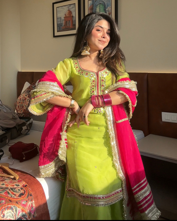 Neon Faux Blooming Sharara Set with Zari Work