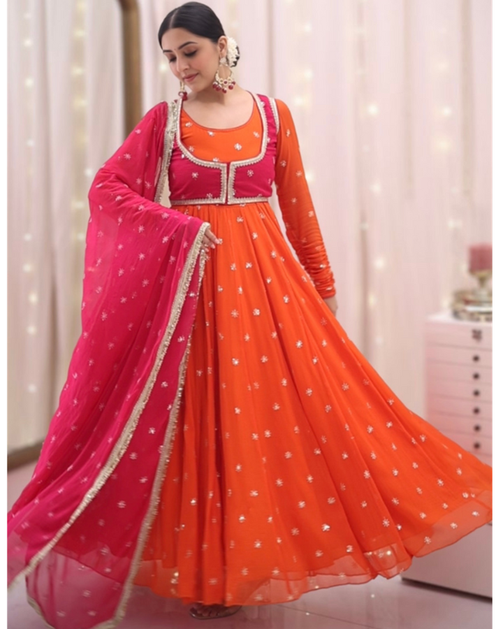 Designer Salmon Anarkali Suit Set with Embroidered Koti