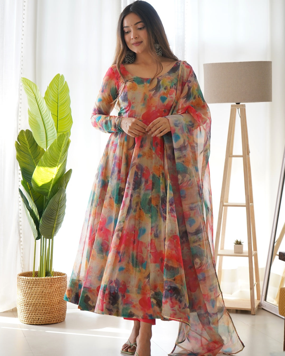 Red Multi Color Print Organza Three Piece Anarkali Suit