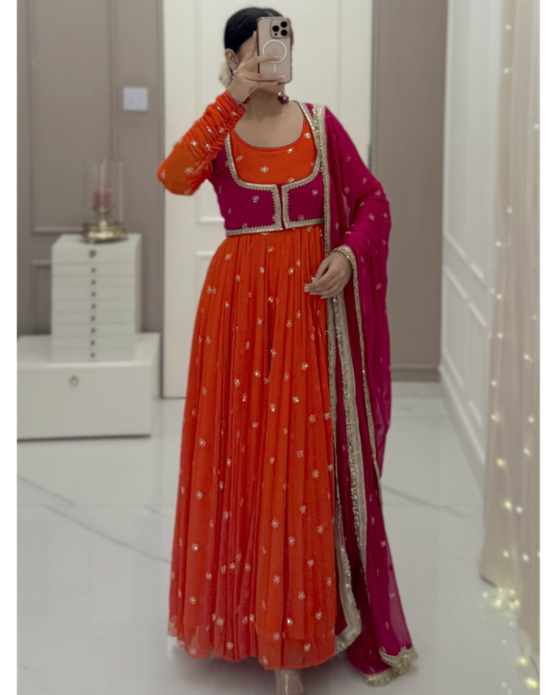 Designer Salmon Anarkali Suit Set with Embroidered Koti