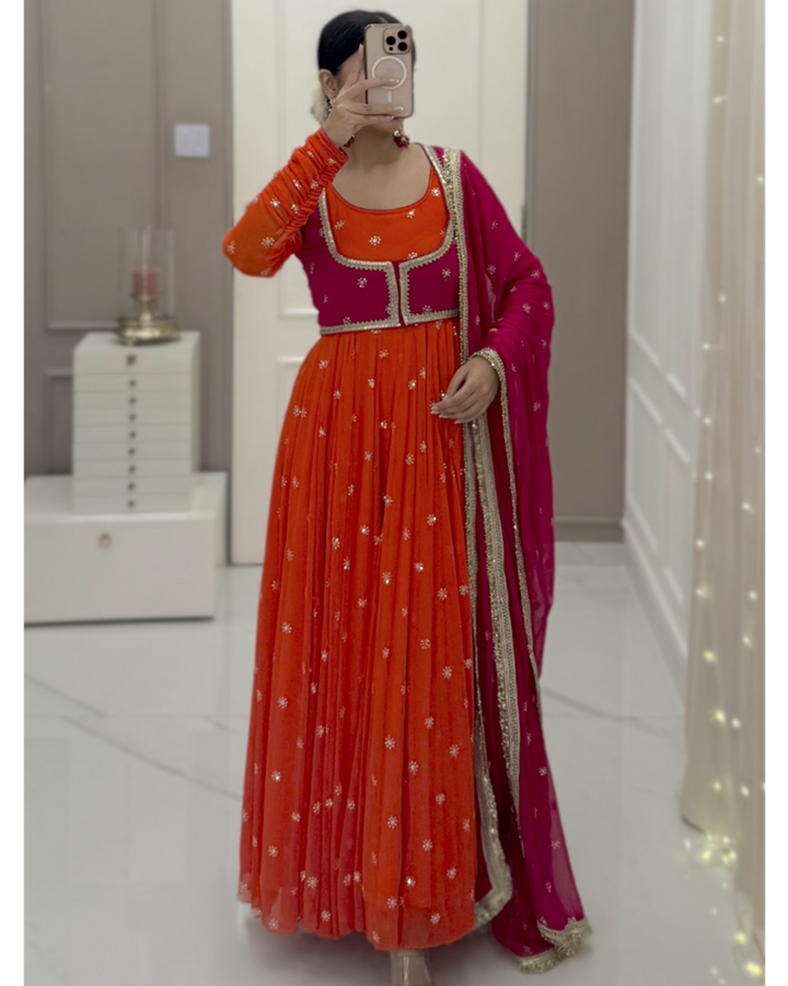 Designer Salmon Anarkali Suit Set with Embroidered Koti