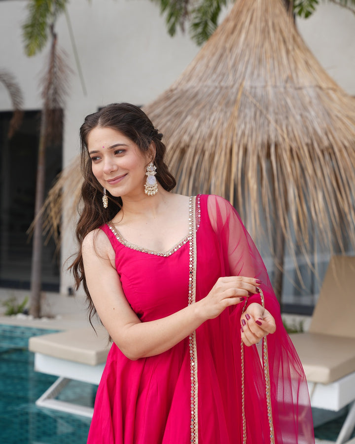 Roman silk Chanderi Flared Anarkali Set with Dupatta & Pants