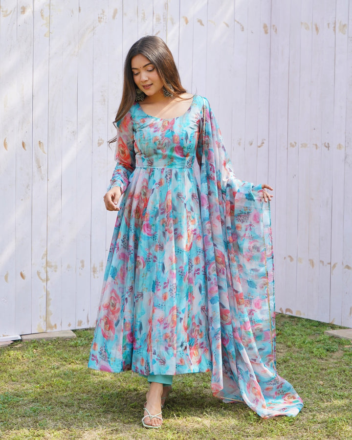 Sky Blue Multi Color Print Organza Three Piece Anarkali Suit