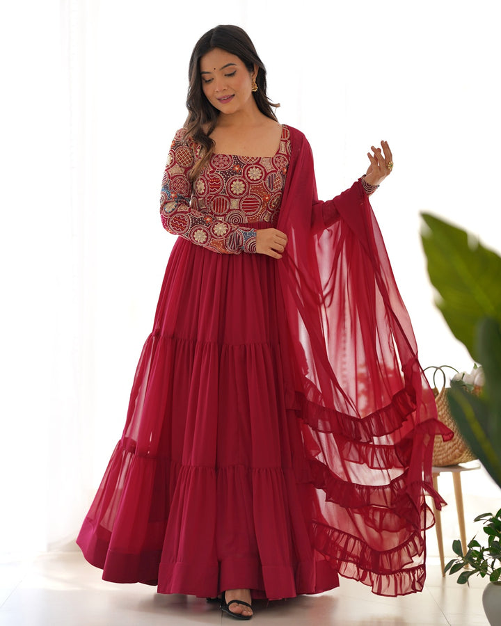 Maroon Soft Georgette Embroidered Anarkali Suit