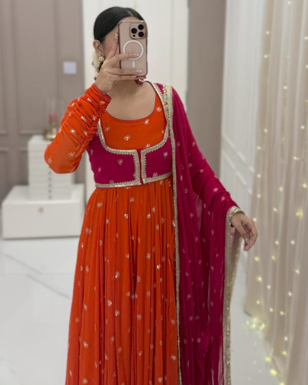 Designer Salmon Anarkali Suit Set with Embroidered Koti