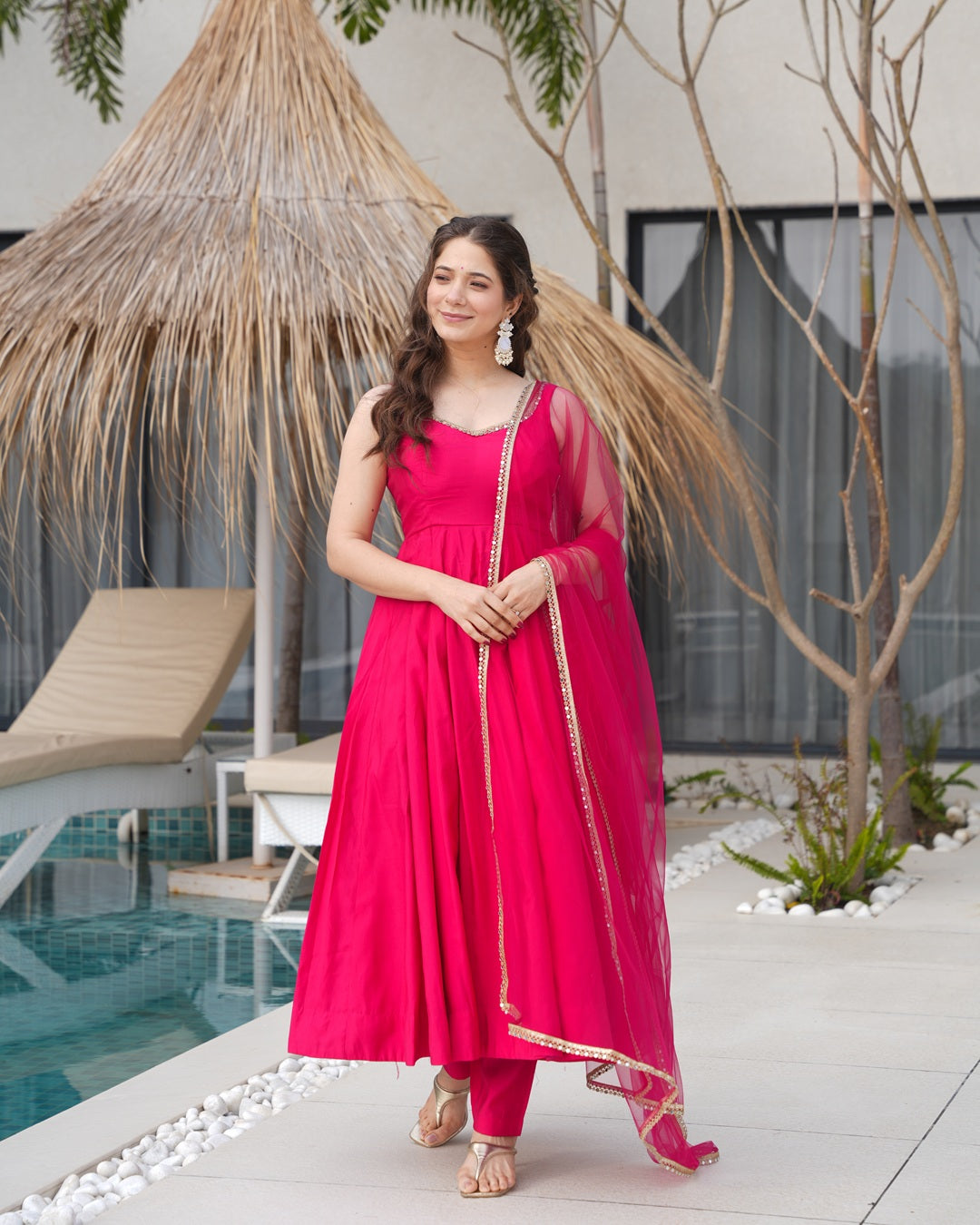 Roman silk Chanderi Flared Anarkali Set with Dupatta & Pants