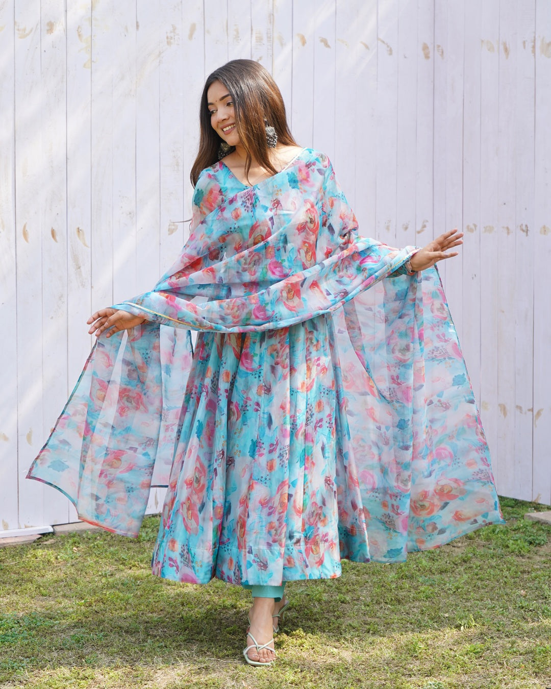 Sky Blue Multi Color Print Organza Three Piece Anarkali Suit