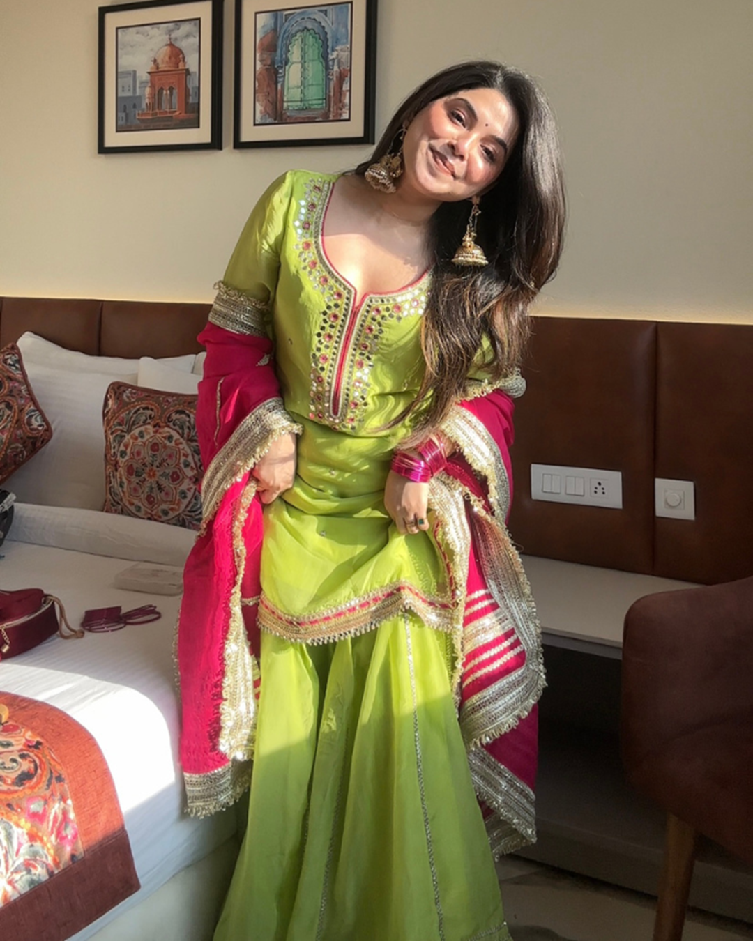 Neon Faux Blooming Sharara Set with Zari Work