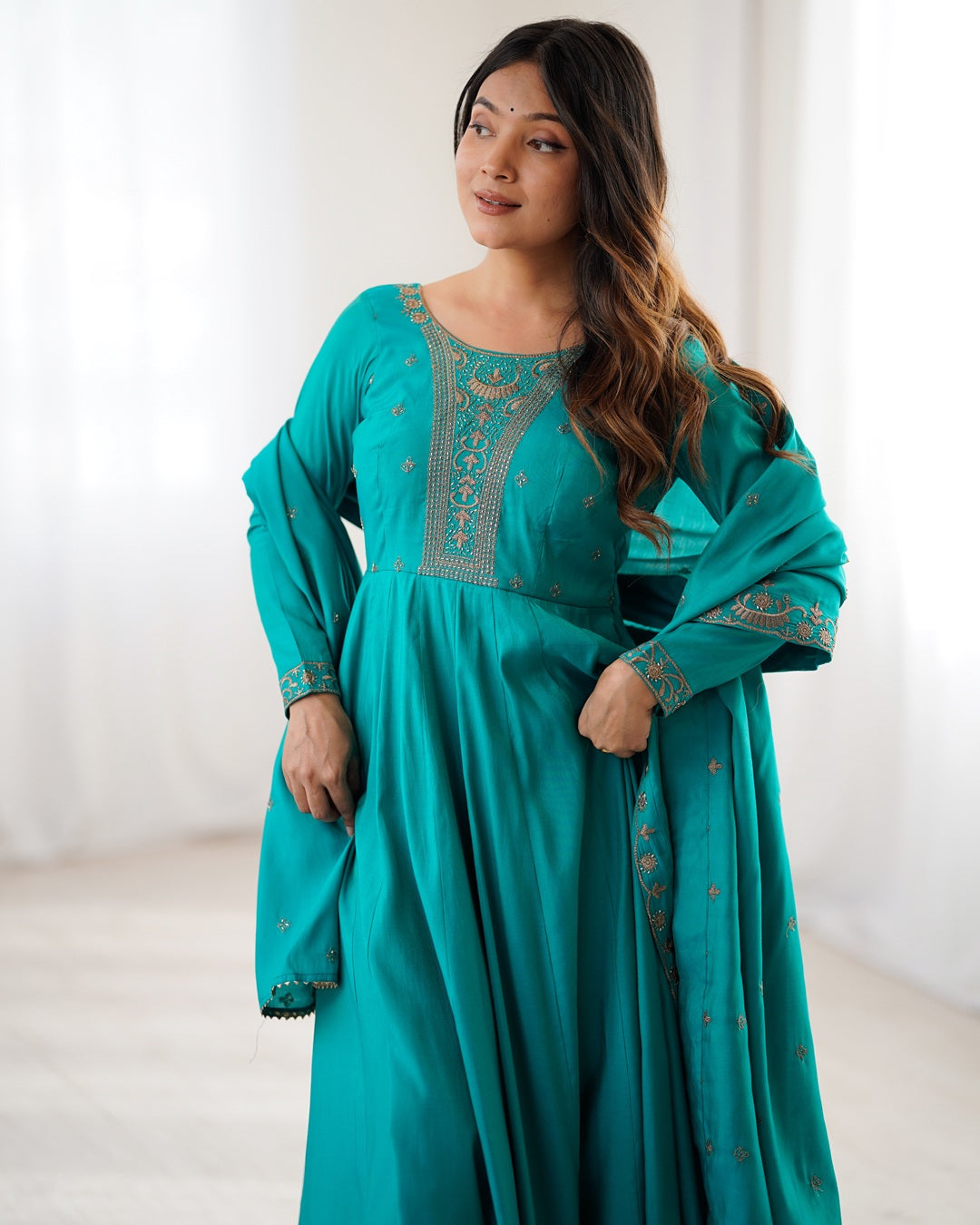 Rama High Premium Pure Roman Chanderi Silk Fully Flared Anarkali Set with Dupatta – Ready to Wear