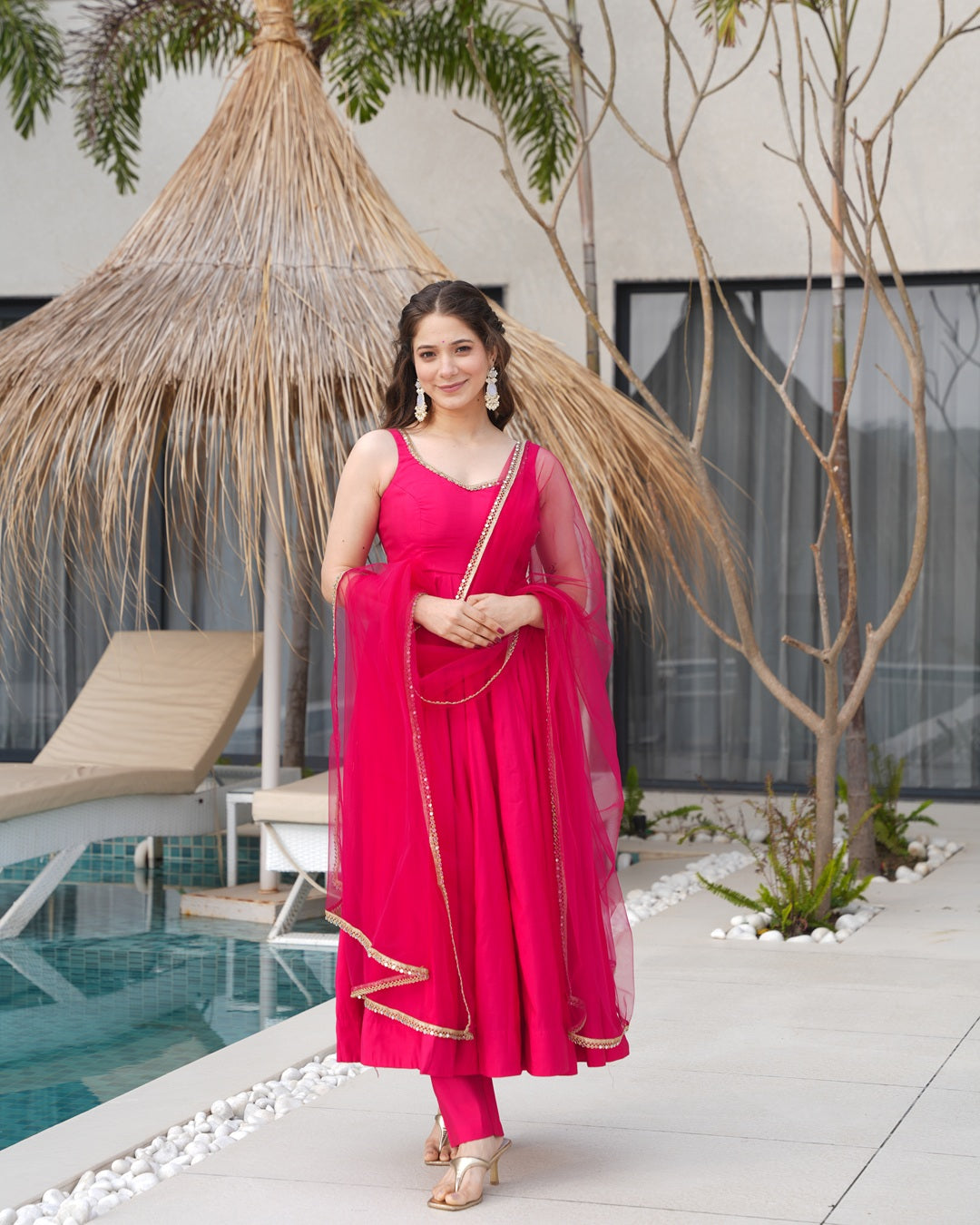 Roman silk Chanderi Flared Anarkali Set with Dupatta & Pants