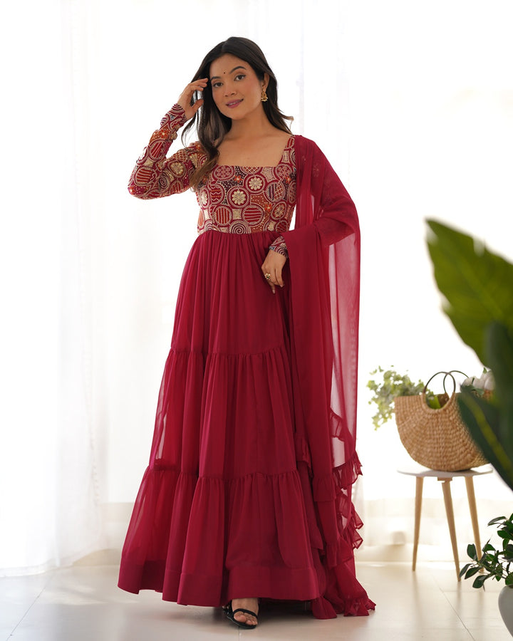 Maroon Soft Georgette Embroidered Anarkali Suit
