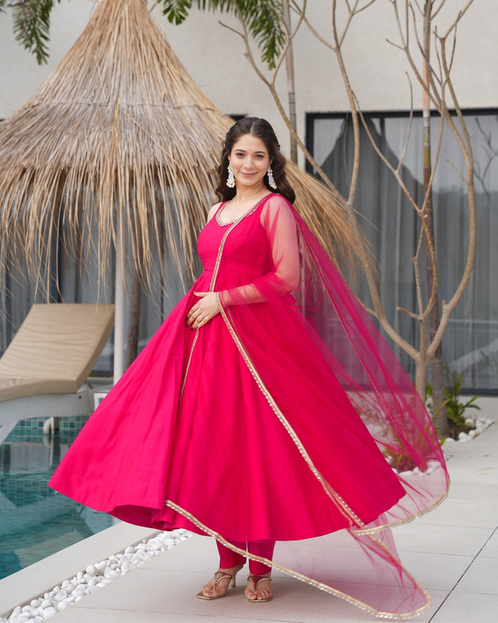 Roman silk Chanderi Flared Anarkali Set with Dupatta & Pants