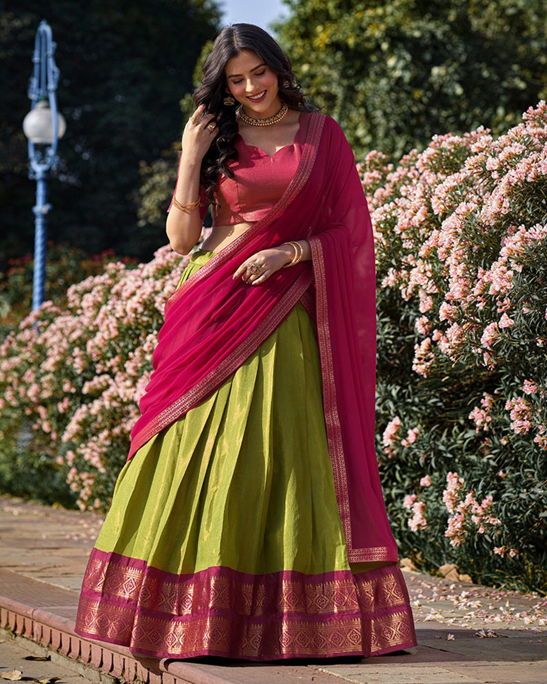 Pista Kanchipuram Silk Designer Lehenga