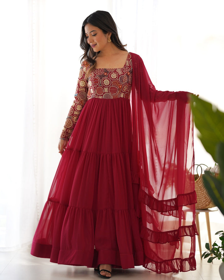 Maroon Soft Georgette Embroidered Anarkali Suit