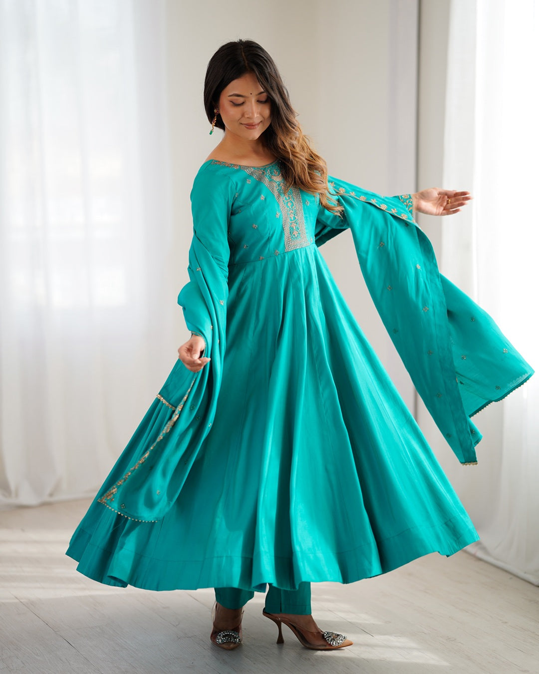 Rama High Premium Pure Roman Chanderi Silk Fully Flared Anarkali Set with Dupatta – Ready to Wear