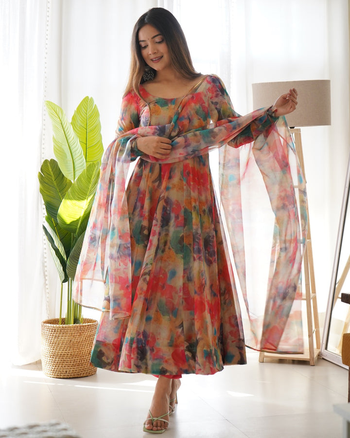 Red Multi Color Print Organza Three Piece Anarkali Suit