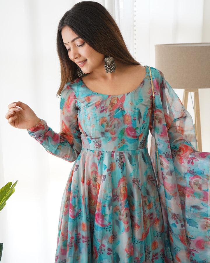Sky Blue Multi Color Print Organza Three Piece Anarkali Suit