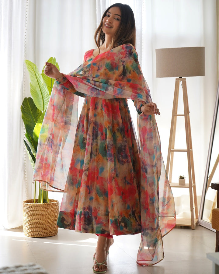 Red Multi Color Print Organza Three Piece Anarkali Suit