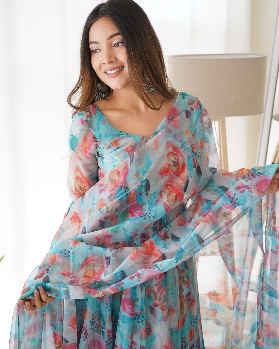 Sky Blue Multi Color Print Organza Three Piece Anarkali Suit