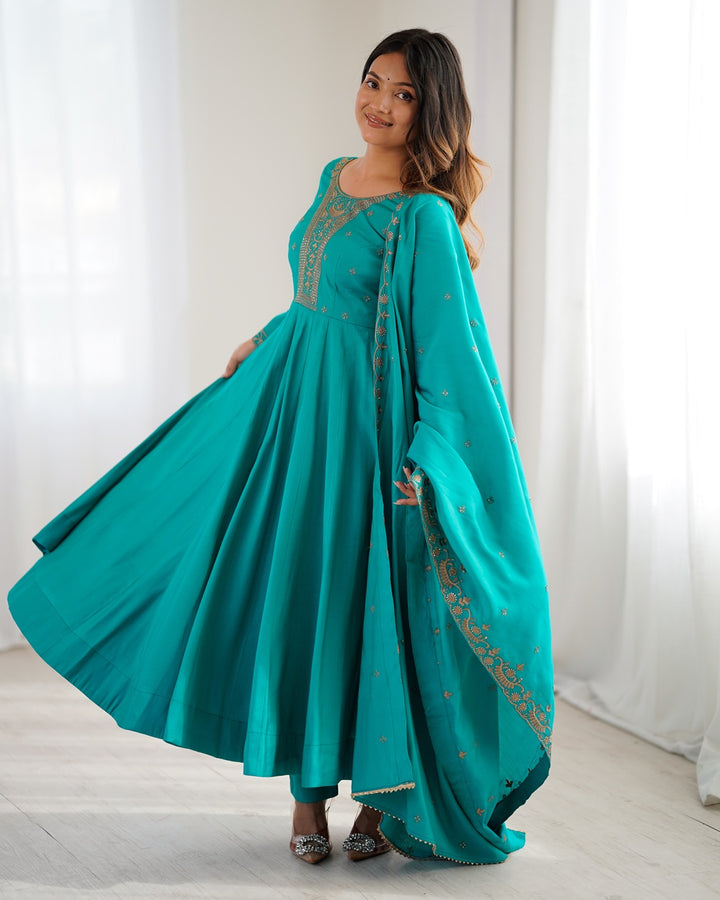 Rama High Premium Pure Roman Chanderi Silk Fully Flared Anarkali Set with Dupatta – Ready to Wear