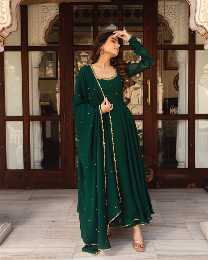 Graceful Green Fox Georgette Anarkali with Pearl Dupatta