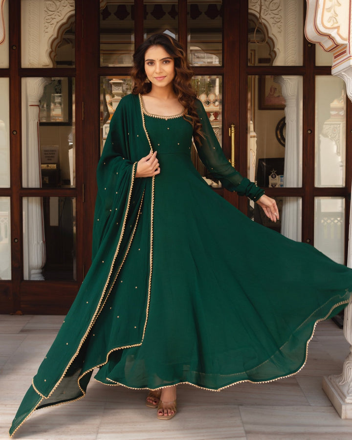 Graceful Green Fox Georgette Anarkali with Pearl Dupatta